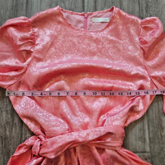 Vita Grace Pink Puff Sleeve Belted Mini Dress Women’s M Asymmetrical Hem Chic - Picture 4 of 14